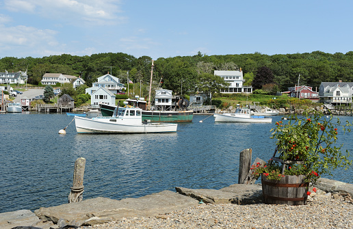 Fishing boats moored in harbor,  Maine, USA