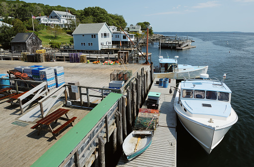 Fishing boats moored in small harbor, Maine, USA