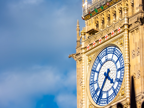 Big ben detail. Clear blue skies, sunny day in London.