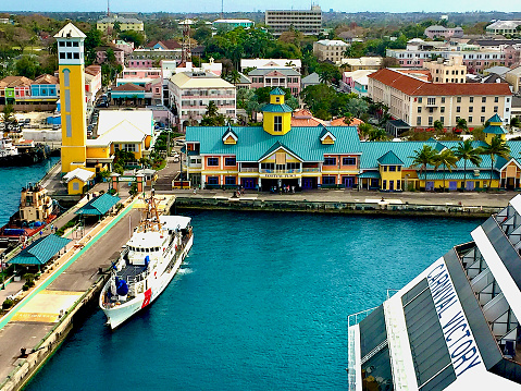 March 22, 2016 - Nassau, The Bahamas: The iconic tower of Festival Place in the Port of Nassau greets passengers from the “Carnival Victory” cruise ship during a stop in the popular port.