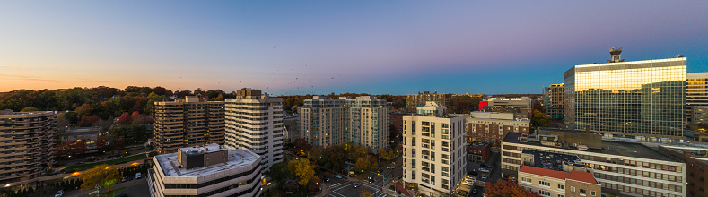 Modern apartments of Downtown at sunset in White Plains, Westchester County, New York, USA.