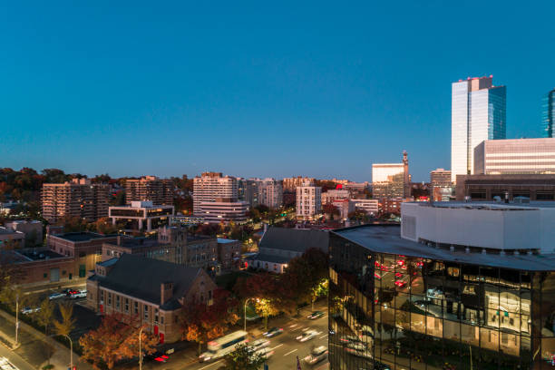 istock Illuminated Downtown with skyscrapers against evening sky in White Plains, Westchester County, New York, USA. 1485254641