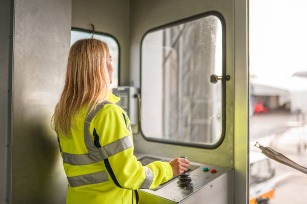 istock Blond Caucasian Female Using Technical Machines At The Airport 1485258107