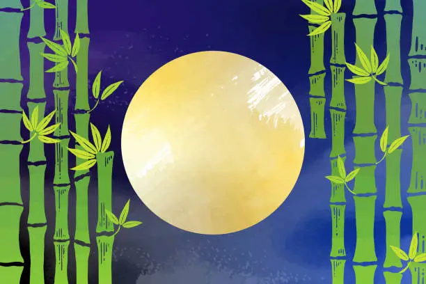 Vector illustration of Watercolor background illustrations of a night sky, full moon, and bamboo grove