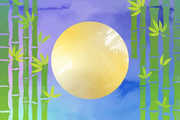 Vector illustration of Watercolor background illustrations of a pale night sky, full moon, and bamboo grove