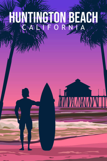 ilustrações, clipart, desenhos animados e ícones de huntington beach califórnia vetor de cartaz de viagem retrô - beach sunlight surfboard santa claus