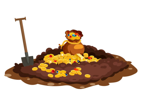 Treasure bag full of treasures, gold coins, Digging Hole in the ground, burrow ground works digging, shovel. Grave and excavation. Pile dirt. Vector illustration cartoon style