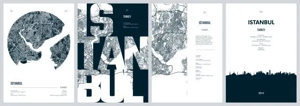 Vector illustration of Set of travel posters with Istanbul, detailed urban street plan city map, Silhouette city skyline, vector artwork