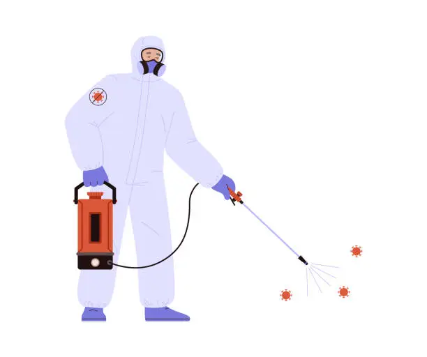 Vector illustration of Disinfection antibacterial treatment of premises, flat vector isolated.