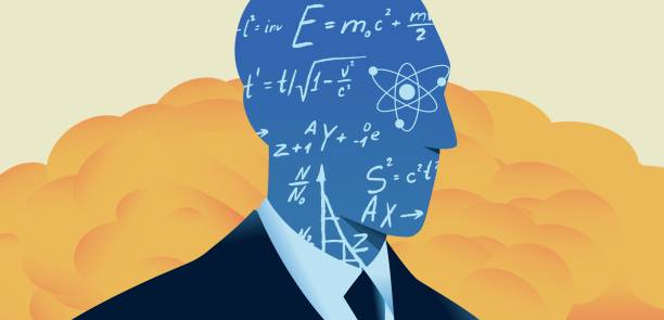 Silhouette of scientist with physic formulas and nuclear explosion at background Silhouette of scientist with physic formulas and nuclear explosion at background. Invention of atomic bomb. Vector illustration. atom nuclear energy physics symbol stock illustrations