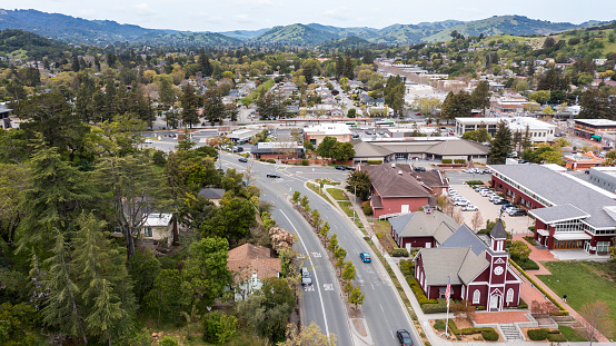 Afternoon aerial view of the historic downtown urban core of Novato, California, USA.