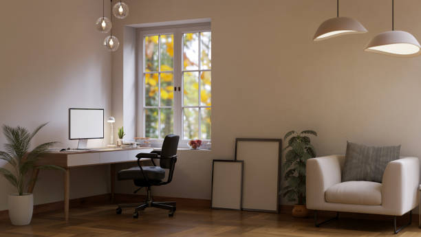 istock Modern home office with desktop computer with stationery on wooden table 1485270680