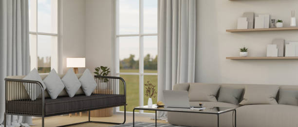 istock Modern comfortable living room with grey sofa with coffee table near the window. 1485270763
