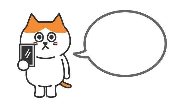 ilustrações, clipart, desenhos animados e ícones de gato segurando um telefone celular com um balão de fala. ilustração vetorial. - comic book animal pets kitten