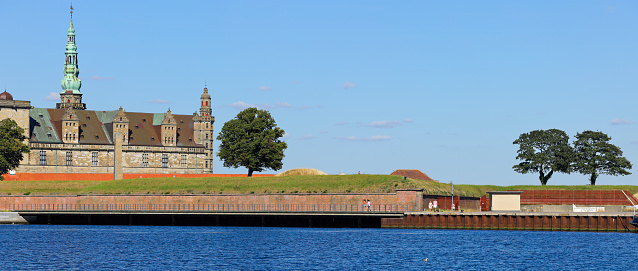 Helsingor, Denmark - August 24, 2022: Panoramic view of the Kronborg castle, a renaissance castle in northern Denmark immortalized in Shakespeare’s Hamlet.