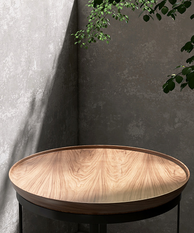 Minimal, modern teak wood round smooth grain podium table, black steel leg, green tropical tree in sunlight, leaf shadow on blank concrete wall for luxury organic cosmetic, skincare, beauty product background 3D