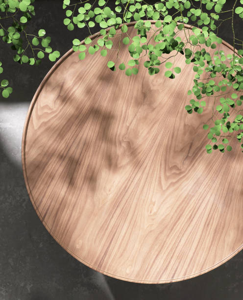 istock Modern, minimal teak wood round smooth beautiful grain podium table, green tropical tree in sunlight, leaf shadow on blank concrete floor 1485277415