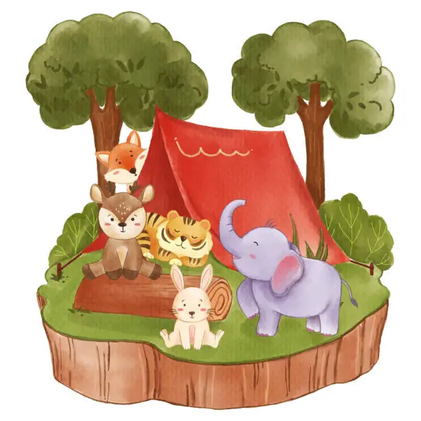 Vector illustration of Wildlife animals are camping in jungle . Realistic watercolor paint with paper textured . Cartoon character design . Vector .