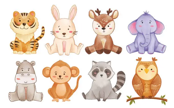 Vector illustration of Set of watercolor painting cartoon character wildlife animals . Sitting posture . Vector .