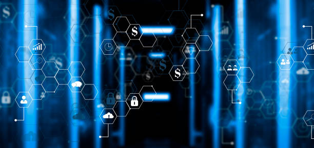 istock 3D render symmetrical futuristic modern server room in the data center with vertical servers and graphics in the foreground in a dark blue glow 1485282407