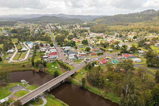 Aerial view of Bulahdelah and the Myall River, NSW, Australia.