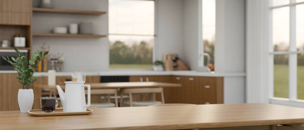 istock Coffee table with copy space with tea pot and coffee cup on the table 1485285498
