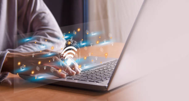 istock Man using laptop to connect internet, business communication social network concept 1485286179