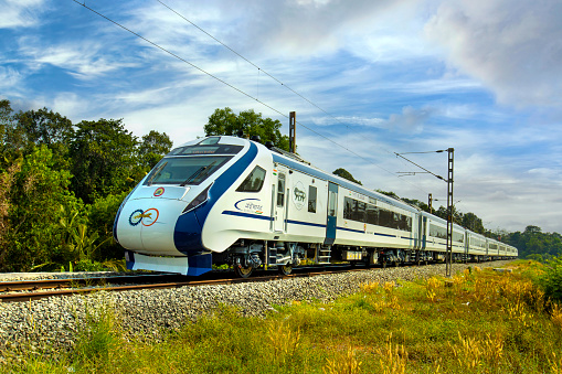 Kottaym,Kerala,India- April 14th  2023- A newly launched modern vande bharat express train by Indian railways passing through Kottayam Kerala