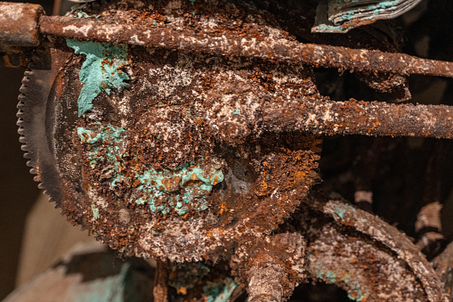 close up of a rusty brake disc pad, for sale as decoration, at a salvage yard, Long Island, New York