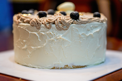 Closeup of a delicious blueberry cream cake