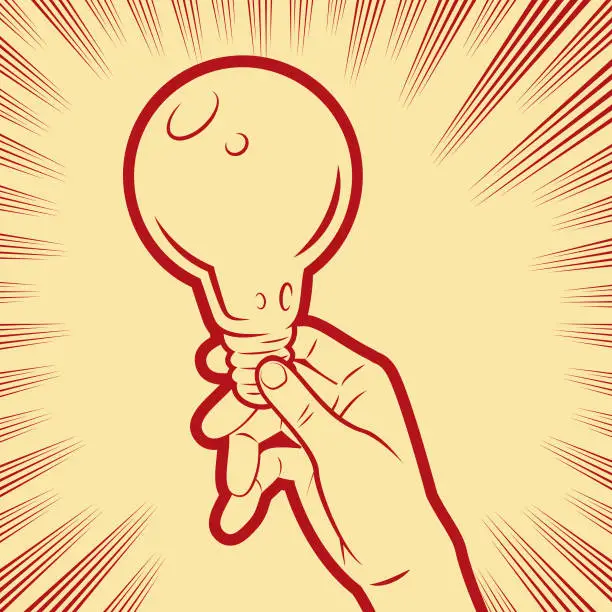 Vector illustration of A hand holding a light bulb in the background with radial manga speed lines