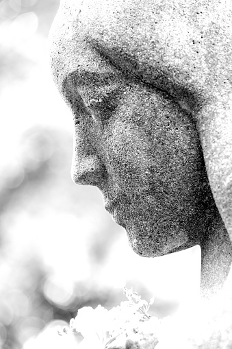 Black and white old statue of angel, cemetery build in 1877 Sydney, background with copy space, full frame vertical composition