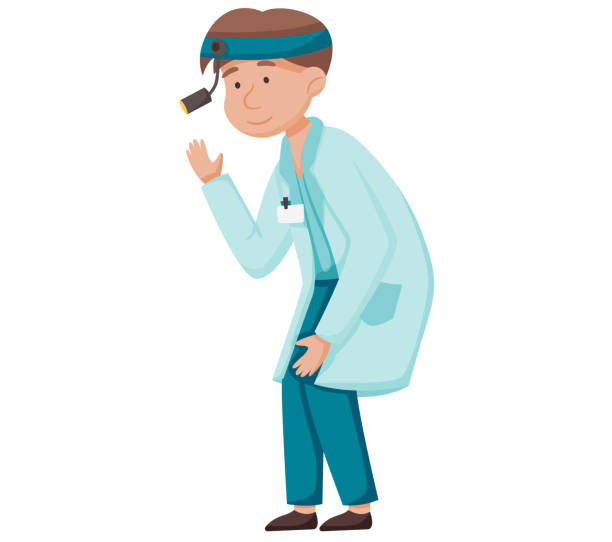 ilustrações, clipart, desenhos animados e ícones de médico em roupa médica branca otorrinolaringologista cuida de pacientes na clínica realiza inspeção - throat exam