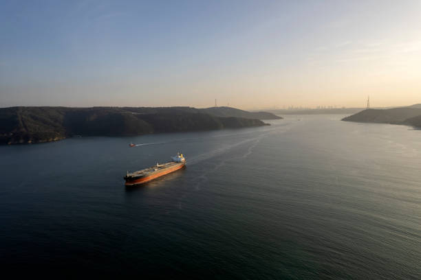 Aerial top down view of a large container cargo ship