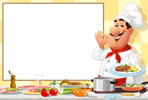 Vector illustration of Chef In the Kitchen Presenting Food In Front Of A Sign