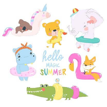 Vector Cartoon Set with Cute Animals in an Inflatable Circles