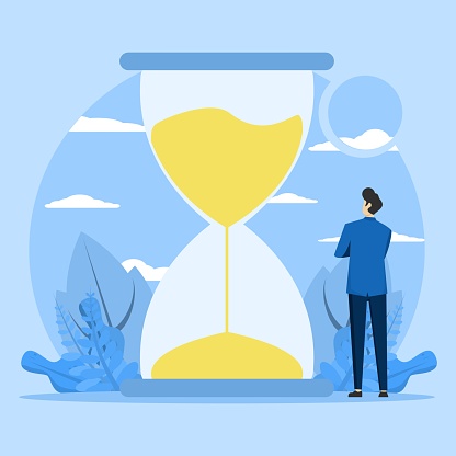 Business time concept, Bearded businessman standing and looking at hourglass while time flies. Patience, delay and tolerance concept. Vector illustration.