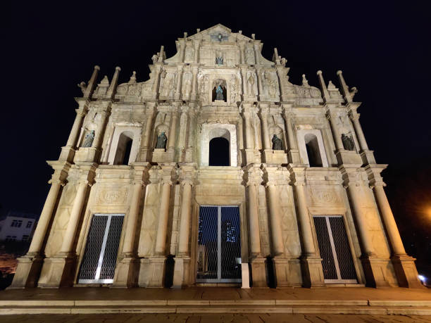 The Ruins of Saint Paul's at night, the ruins of a 17th-century Catholic religious complex in Santo António, Macau, China. The ruins are one of Macau's best known landmarks.