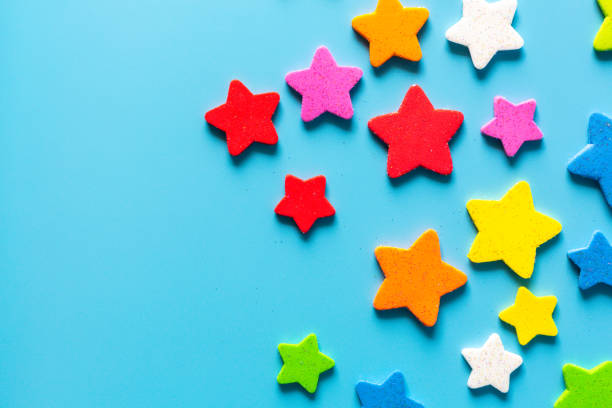 istock Star eva foam rubber for decoration isolated on blue background, decorative foam rubber material for creating artificial handmade star, View from above. 1485310923