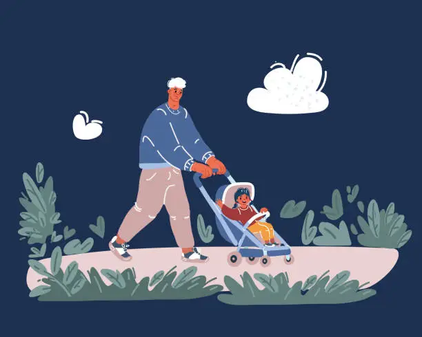 Vector illustration of Cartoon vector illustration of father pushing a baby stroller