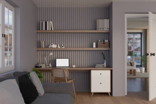 istock Modern contemporary apartment living room with workspace interior design 1485311950