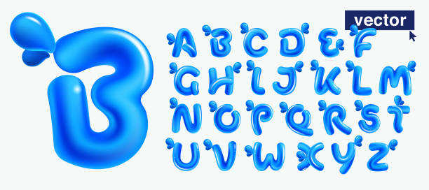 istock Alphabet set made of blue clear water and dew drops. 3D realistic plastic cartoon balloon style. Glossy vector illustration. 1485314020
