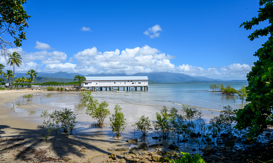 A restored sugar cane warehouse and wharf in Port Douglas Australia