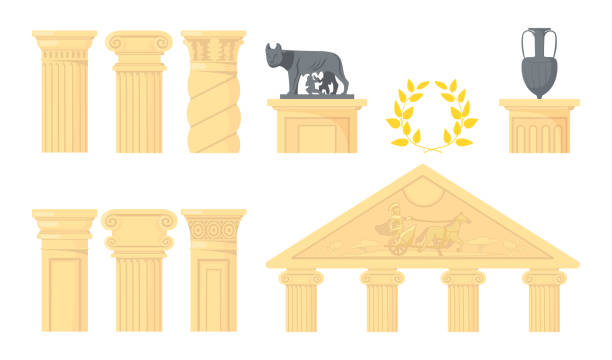 Ancient Roman columns and symbols vector illustrations set Ancient Roman columns and symbols vector illustrations set. Collection of drawings of pillars, sculpture, amphora, laurel wreath. Ancient Rome, architecture, history or culture, decoration concept natural column stock illustrations