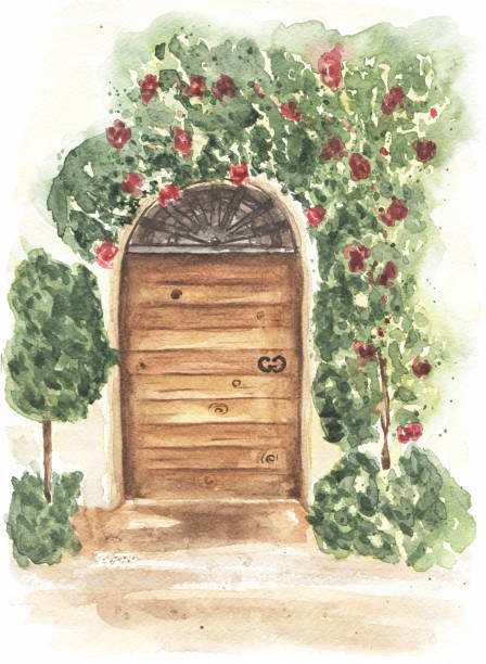 istock Watercolor urban composition, postcard with decorative florals and architecture,  old town, wooden door clipart, Provence design of Italy, romantic place for travel, vocation cli art, Blooming roses 1485317348