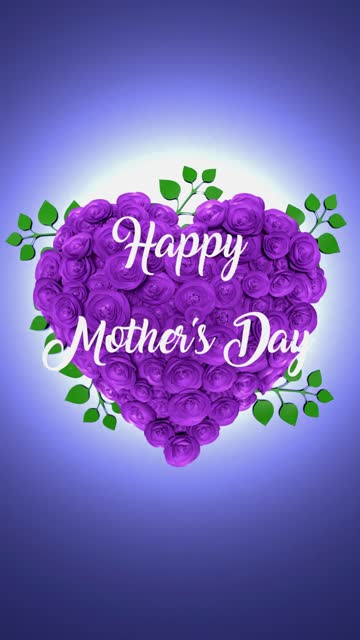 Vertical Happy Mother's Day Text and Heart Shape Made From Purole Flowers to Celebrate Mother's Day in 4K Resolution