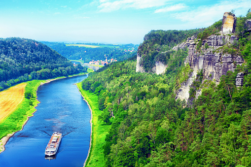 Panoramic view of the Elbsandstein Mountains and Elbe river in Saxon Switzerland, Germany