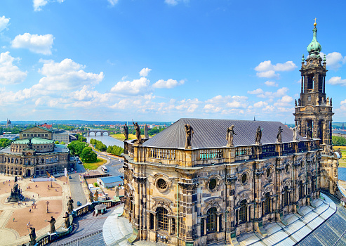 Panoramic view of the Dresden Cathedral (Katholische Hofkirche) and the Semper Opera House (Semperoper) in Dresden, Germany