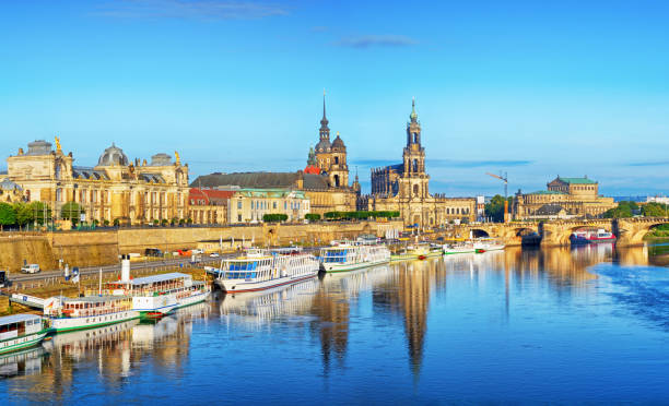 Dresden skyline at sunset Dresden skyline with Cathedral of the Holy Trinity and Elbe river at sunset, Germany elbe river stock pictures, royalty-free photos & images