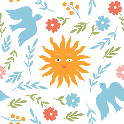 Seamless pattern with sun, birds and flowers.